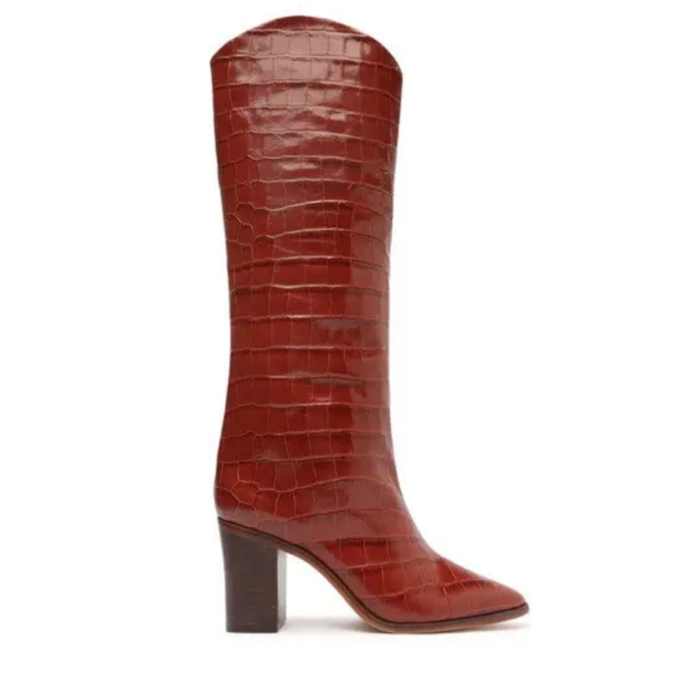 Schutz Maryana Block Leather Boot in Red/Brown Croc (5.5)